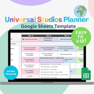 以下が含まれることがあります： ユニバーサルスタジオへの旅行を計画するためのGoogleスプレッドシートのテンプレートが表示されたラップトップの画面。テンプレートは色分けされており、アトラクション、レストラン、ショーのリストが含まれています。画面の右上隅には緑色の円の中に「使いやすい！」というテキストが表示されています。