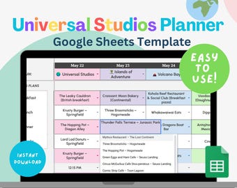 May include: A laptop screen displaying a Google Sheets template for planning a trip to Universal Studios. The template is color-coded and includes a list of attractions, restaurants, and shows. The text "Easy to Use!" is displayed in a green circle in the upper right corner of the screen.