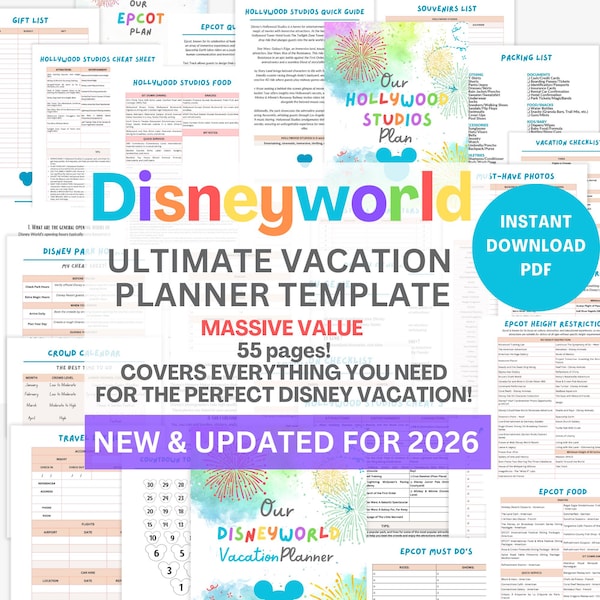 Disneyworld Planning | WDW Travel Planner template | Printable Planner | Vacation Countdown | Cheat Sheets for all 4 park sections