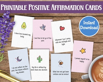 May include: Printable positive affirmation cards with illustrations. The cards are pink and blue with various illustrations including an avocado, a bird, a heart, a moon, a cactus, a bee, and a star. The text on the cards includes phrases like "I show love towards my body" and "I permit myself to be happy".