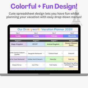 May include: A colorful digital planner for a Disney World vacation. The planner is on a laptop screen and includes a calendar with dates and days of the week, as well as a list of activities and restaurants to visit.