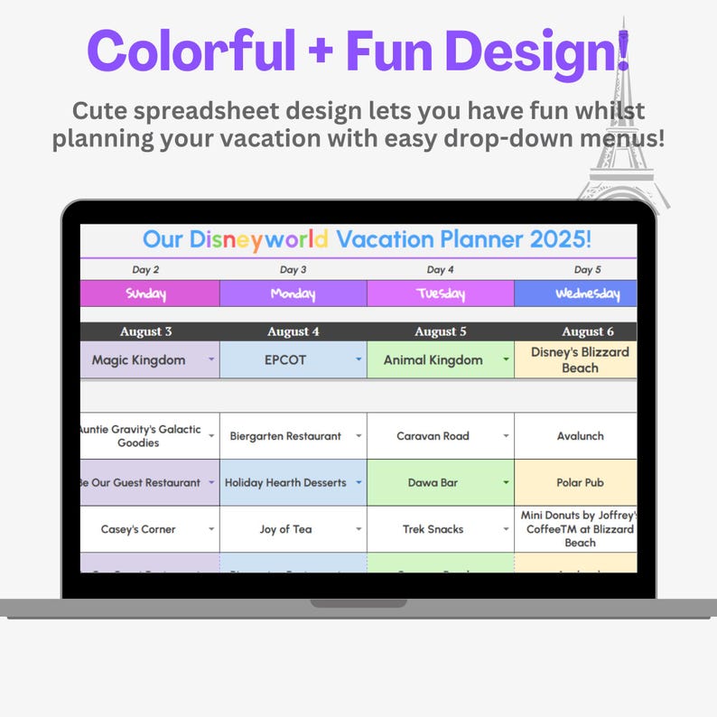 May include: A colorful digital planner for a Disney World vacation. The planner is on a laptop screen and includes a calendar with dates and days of the week, as well as a list of activities and restaurants to visit.