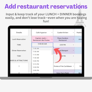 May include: A screenshot of a computer screen showing a digital planner for a theme park. The planner includes a list of restaurants, rides, and attractions. The user can make reservations for lunch and dinner at the restaurants. The planner includes a list of times for each restaurant, such as 11:45 AM and 2:00 PM.