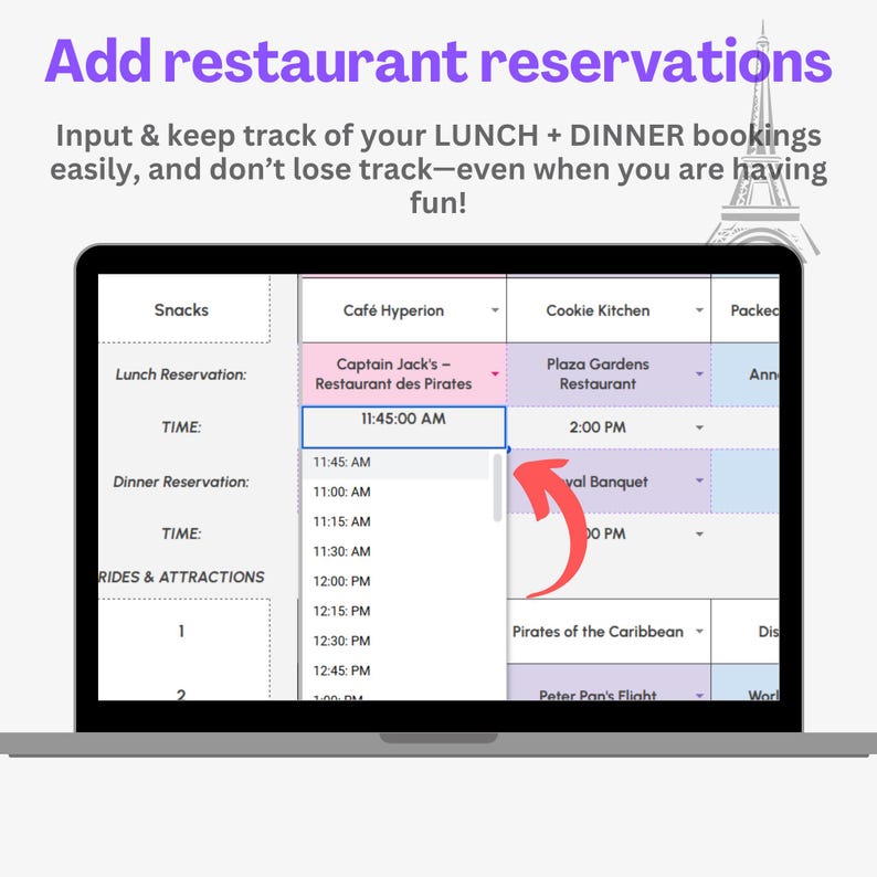 May include: A screenshot of a computer screen showing a digital planner for a theme park. The planner includes a list of restaurants, rides, and attractions. The user can make reservations for lunch and dinner at the restaurants. The planner includes a list of times for each restaurant, such as 11:45 AM and 2:00 PM.