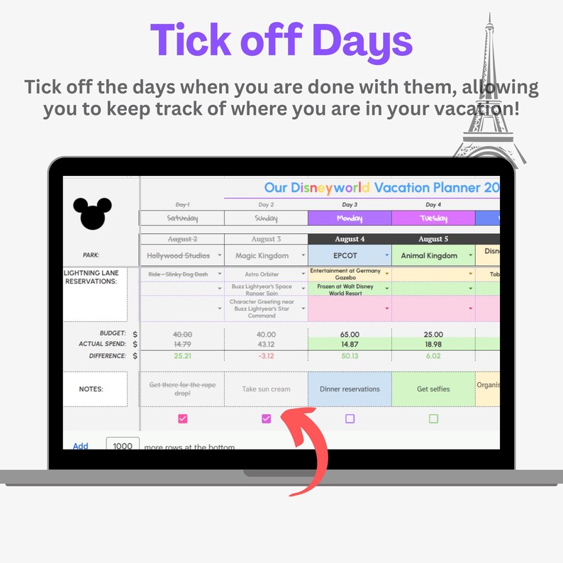 May include: A laptop screen displaying a colorful spreadsheet titled "Our Disneyworld Vacation Planner 20." The spreadsheet is divided into days of the week, with each day listing a different Disney park. The spreadsheet includes a budget tracker, notes section, and checkboxes to mark off completed tasks.