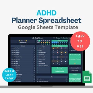 May include: A laptop screen displaying a Google Sheets template for an ADHD planner. The template has a dark blue background with a light blue and green color scheme. The template includes sections for scheduling, to-do lists, self-care, and mood tracking. The text on the screen reads "ADHD Planner Spreadsheet Google Sheets Template" and "My Daily Planner".