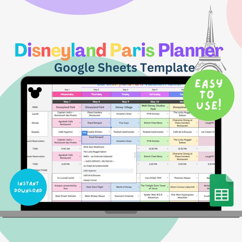 May include: A laptop computer screen displaying a Google Sheets template for planning a trip to Disneyland Paris. The template includes a daily schedule with activities, restaurants, and show times. The screen also includes a Mickey Mouse icon and the text "Disneyland Paris Planner Google Sheets Template".