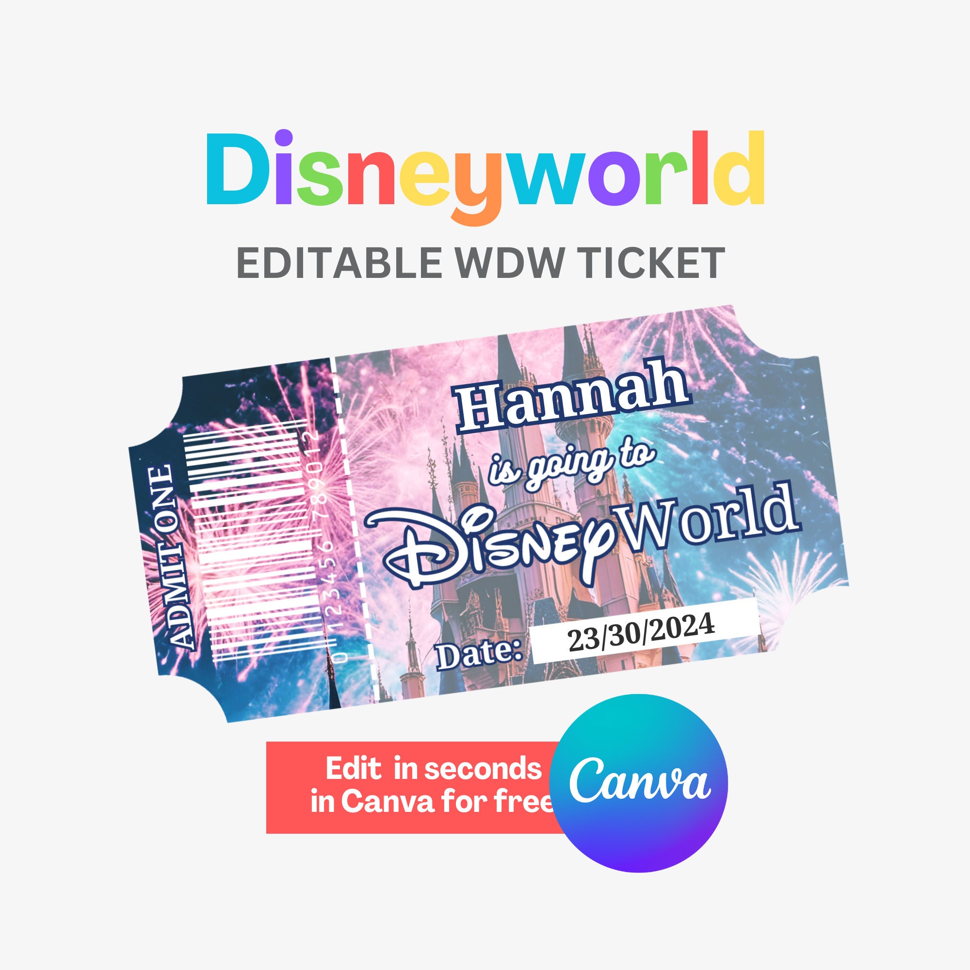 Disneyworld Ticket, Disneyworld Trip Reveal Tickets, Theme Park Trip, Editable Disneyworld Ticket