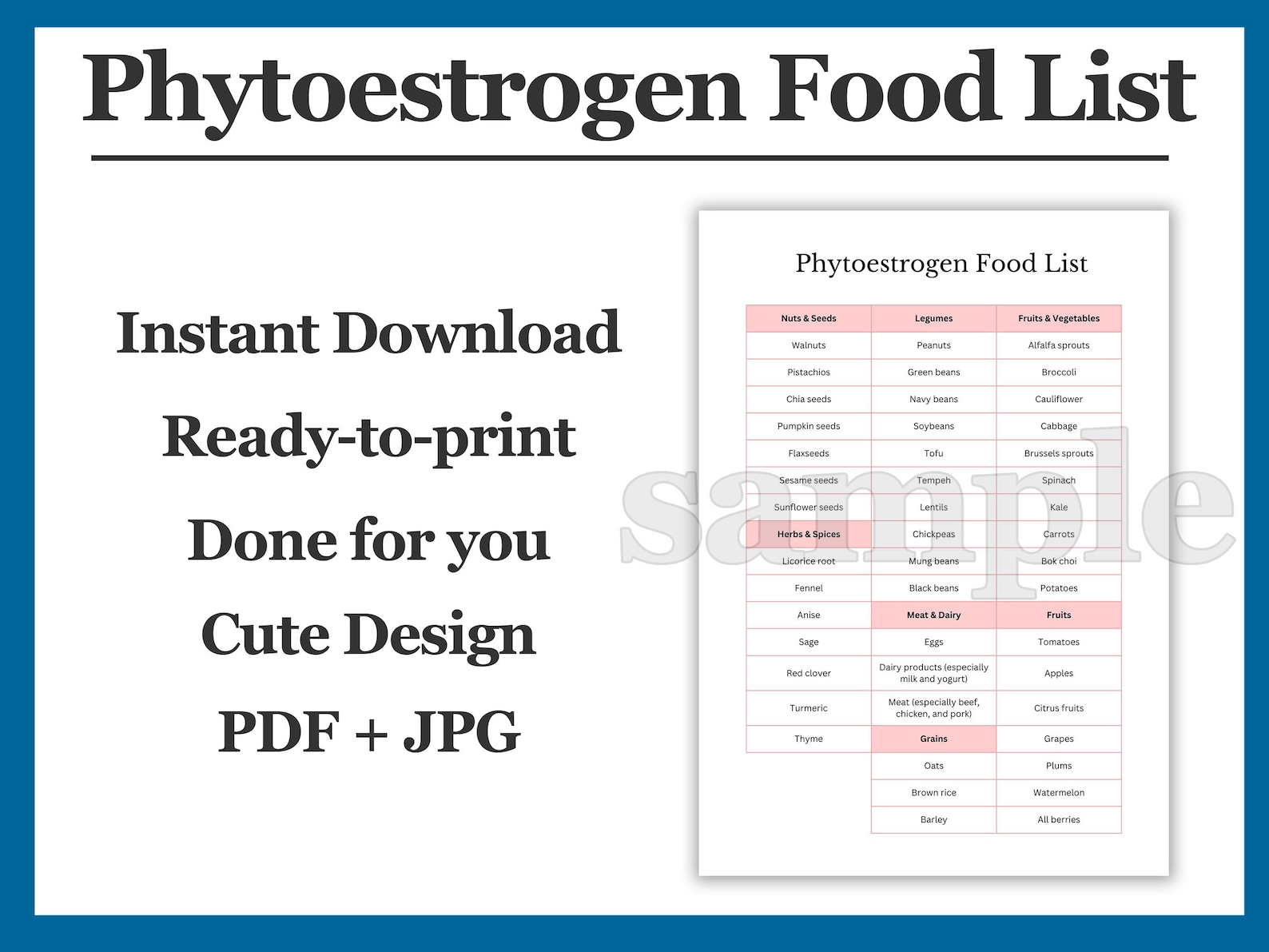Phytoestrogen Food List Printable, List of Phytoestrogens PDF Print