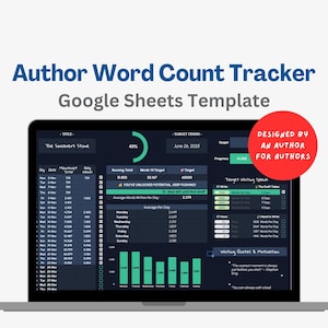 Può includere: Uno schermo di laptop che mostra un modello di Google Sheets per tenere traccia del conteggio delle parole per gli autori. Il modello include una barra di avanzamento, un conteggio di parole obiettivo e un tracker di conteggio delle parole giornaliero. Il titolo del documento è "The Sorcerer's Stone". Il modello è stato progettato da un autore per gli autori.