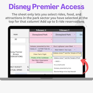 May include: A screenshot of a computer screen showing a Disney Premier Access reservation page. The page lists different rides at Disneyland Park, including Indiana Jones&trade; and the Temple of Peril. The page also shows a daily budget and actual spend.