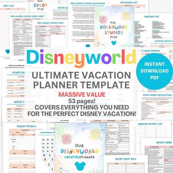 Disneyworld Planning | WDW Travel Planner template | Printable Planner | Vacation Countdown | Cheat Sheets for all 4 park sections