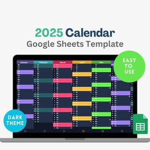 2025 Kalendarz miesięczny Google Sheets 2025 Planer roczny 2025 Edytowalny szablon Google Sheets Kolory tęczy Ciemny motyw