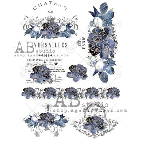 AB Studios A4 Rice Paper for Decoupage Blue Floral Parisian Labels 0671 Art-Craft Projects, Scrapbooking, Art Journals, Mixed Media, Collage