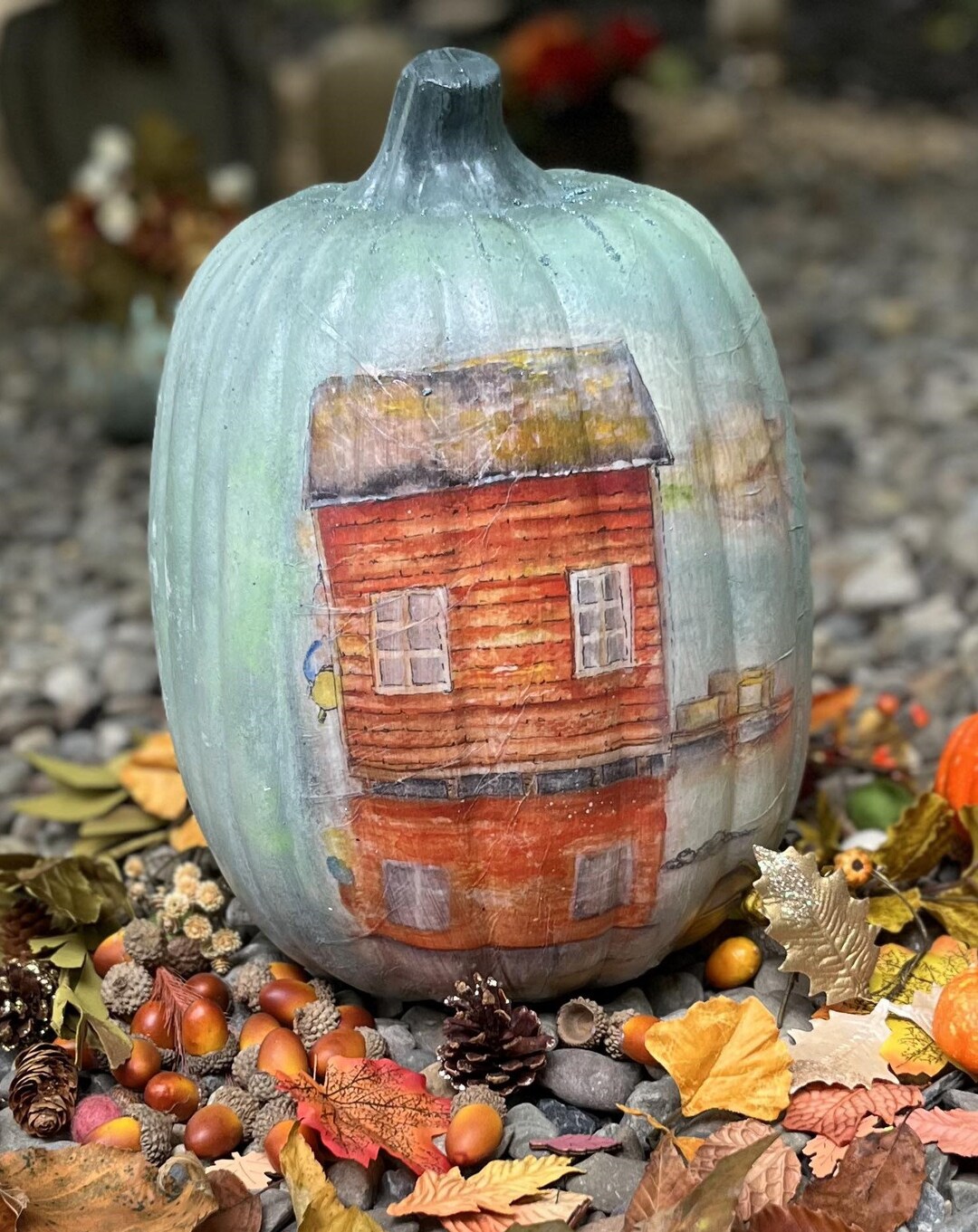 Orange House Reflection Pumpkin Handmade Custom Painted Foam Pumpkin