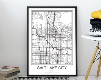 Salt Lake City map print Printable Wall art poster Utah Digital Download City black and white Artwork design USA United States country