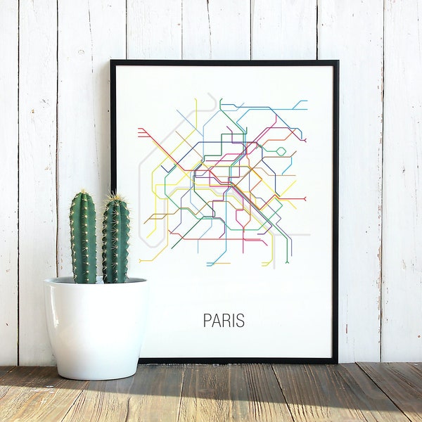 Paris metro map digital Printable vector illustration Wall art print download City subway poster Metropolitan design France underground
