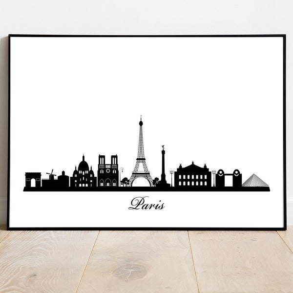 Paris Skyline digital Printable vector illustration Wall art print download City skyscraper landmark poster Black and white France