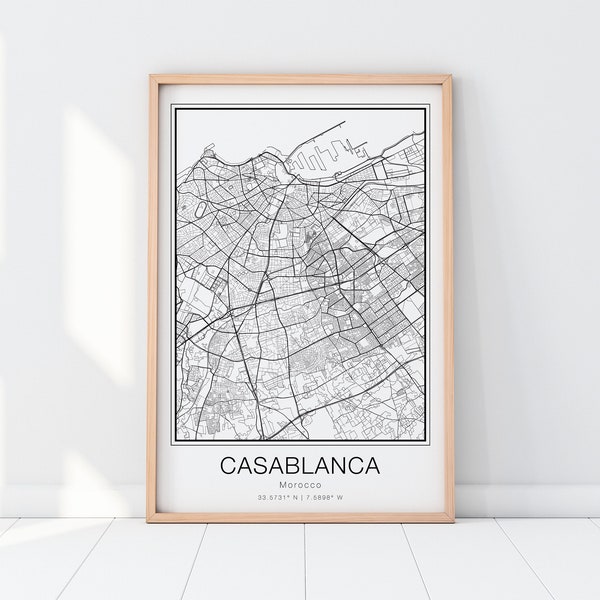 Casablanca city map print Printable Wall art poster Digital Download City black and white Artwork design Morocco country map