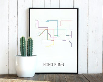 Hong Kong metro map digital Printable vector illustration Wall art print download City subway poster Metropolitan design Underground