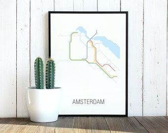 Amsterdam metro map digital Printable vector illustration Wall art print download City subway poster Metropolitan design chart Underground