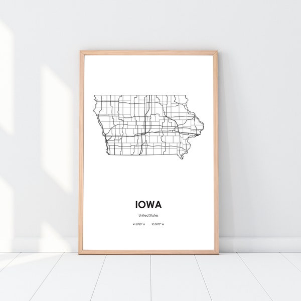 Iowa state map digital Printable vector illustration Wall art print download USA IA State road map poster Highway map print