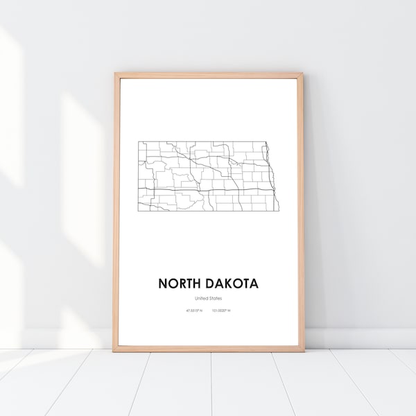 North Dakota state map digital Printable vector illustration Wall art print download USA ND road map poster Minimalist design customize