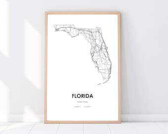 Florida map digital Printable vector illustration Wall art print download USA FL State road map poster Highway map print Minimalist design