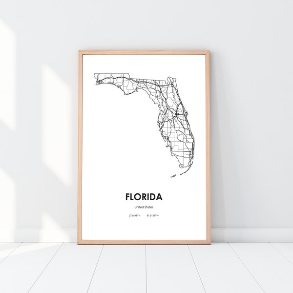 Florida map digital Printable vector illustration Wall art print download USA FL State road map poster Highway map print Minimalist design