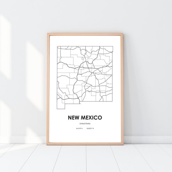 New Mexico state map digital Printable vector illustration Wall art print download USA NM State road map poster  Minimalist design modern