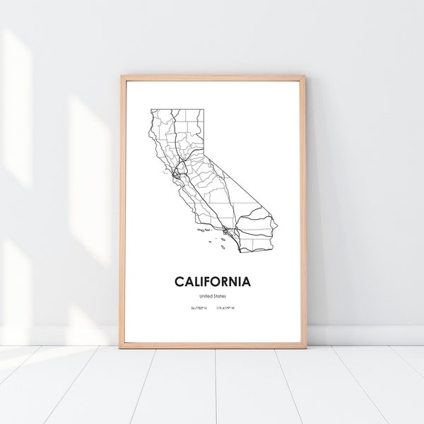 California map digital Printable vector illustration Wall art print download USA CA State road map poster Minimalist design modern decor