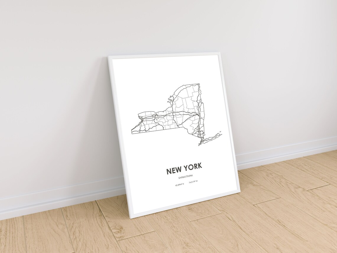 New York State Map Digital Printable Vector Illustration Wall Art Print ...