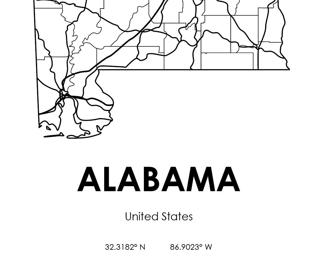 Alabama Map Digital Printable Vector Illustration Wall Art Print ...