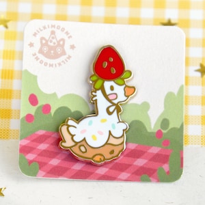 strawberry cake cottage core ducky golden hard enamel pin / kawaii goose picnic button gift idea / duck/ milkimoone