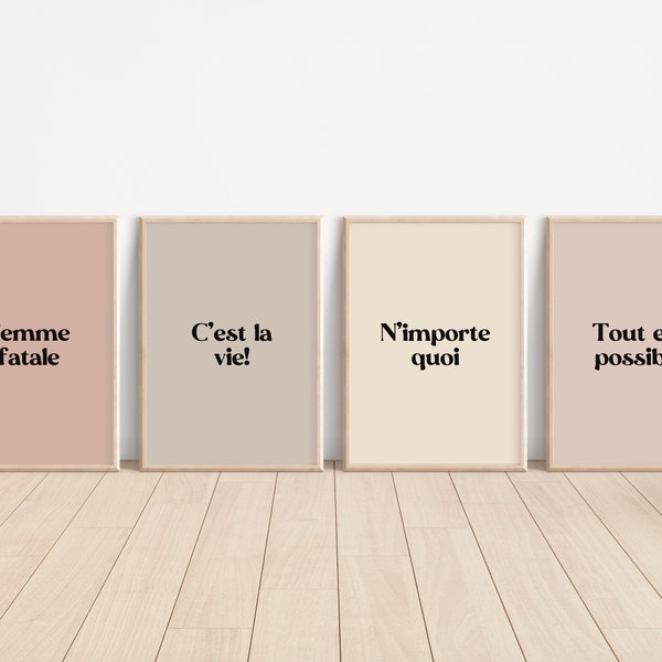 Set of 4 French Phrases Wall Art, Digital Print DOWNLOAD, neutral tones, Thats life, Anything is possible, No matter what, Femme fatale