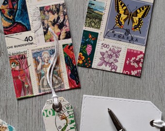 Tierische, blumige und kunstvolle Geschenk-Anhänger aus echten Briefmarken, Upcycling Lesezeichen/Anhänger Set, Vintage Postage Stamp Tags