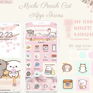 CUTE AESTHETIC MOCHI Cats Peach and Goma App Icons | 150+ Ios14 App Icons | Pink icons | Mint Icons | iPhone App Covers | Cute Kawaii Icons