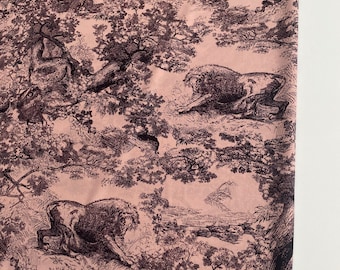 Exclusive, high-quality silk crepe de chine satin stretch fabric, famous designer style, toile de jouy print, color: dusty rose