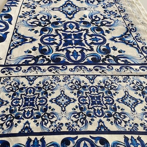 Exclusive Italian linen fabric, designer fabric in famous designer style, Majolica print, panel fabric, high quality, color: blue-white