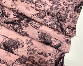 Exclusive, high-quality silk crepe de chine satin stretch fabric, famous designer style, toile de jouy print, color: pink