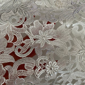 Exclusive Italian prêt-à-porter fabric, designer fabric, lace fabric, luxury fabric, 3D effect, famous designers, color: white with silver