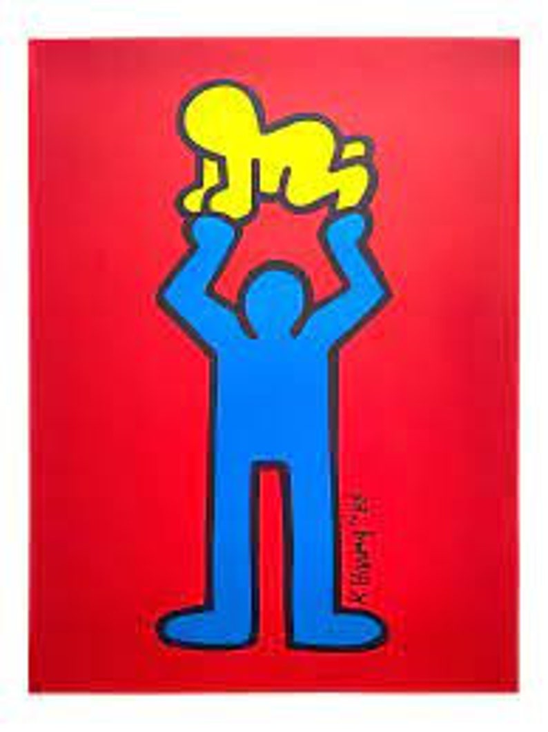 May include: A blue figure with outstretched arms holding a yellow figure above its head. The figures are on a red background.