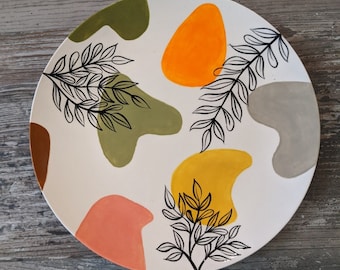 Abstract Dinner Plate/Mid Century Plate/Hand Painted pottery/Hand Painted Ceramics/Unique Gift/Simple Elegant pottery/Hand Painted Gift