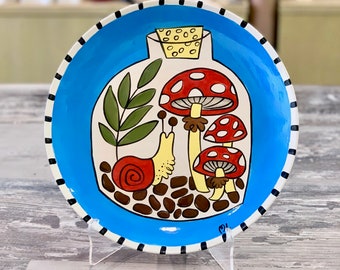 Hand painted mushroom platter/ hand painted pottery platter/ mushroom display platter
