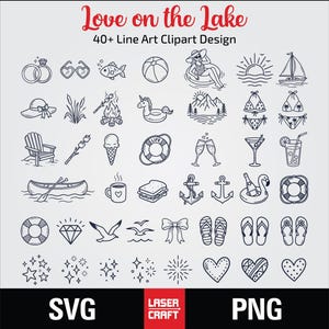May include: A collection of black line art clipart designs titled Love on the Lake 40+ Line Art Clipart Design. The set features icons including rings, sunglasses, fish, a beach ball, a person in a float, a sailboat, mountains, swimwear, a chair, ice cream, a lifebuoy, champagne glasses, a drink, a canoe, a mug, a sandwich, anchors, a flamingo, flip-flops, bows, hearts, and stars.
