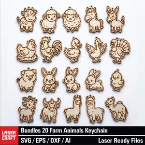 Può includere: Una collezione di 20 portachiavi in legno a forma di animali della fattoria, tra cui una mucca, una pecora, un asino, una gallina, un maiale e altro. Ogni portachiavi è tagliato al laser con contorni dettagliati e un piccolo foro per l'attacco. Il testo "Bundles 20 Farm Animals Keychain" è in basso.