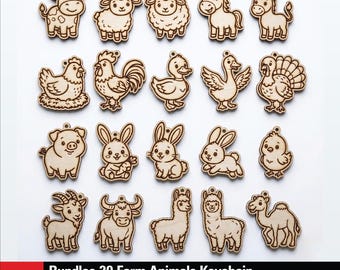 20 Farm Animals Keychain SVG Bundle, Cute Animals Laser Cut Files, Engraved Keychain Glowforge SVG, Wooden Keychain, Farm Animals