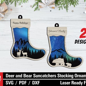 Stocking Ornament SVG, Suncatcher Ornament SVG Laser, Deer Ornament,Bear Ornament, Christmas tree ornament, Glowforge Files, Laser Cut Files