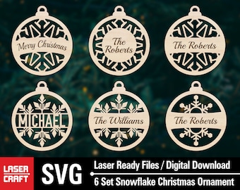 May include: Six laser-cut wooden snowflake Christmas ornaments with personalised text. The ornaments feature a snowflake design and are ready to be decorated. The text on the ornaments includes "Merry Christmas", "The Roberts", "The Williams", "Michael", and "The Roberts".