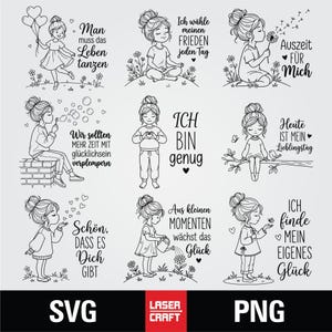 Puede incluir: Archivos de arte digital SVG y PNG en blanco y negro con ilustraciones de niñas con citas inspiradoras. Las imágenes incluyen frases como "Man muss das Leben tanzen" e "Ich bin genug". Los archivos están etiquetados como "SVG" y "PNG".